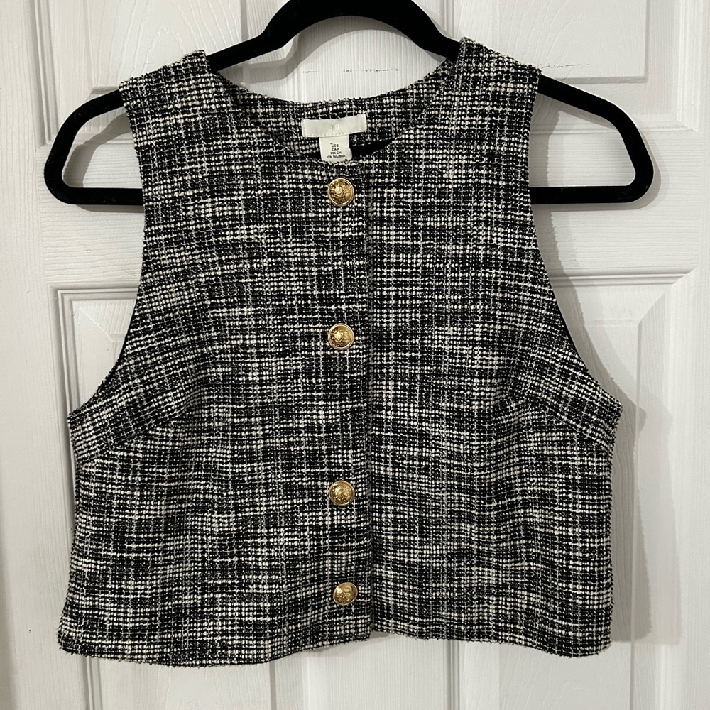 H&M Black and White Tweed vest with Gold Button